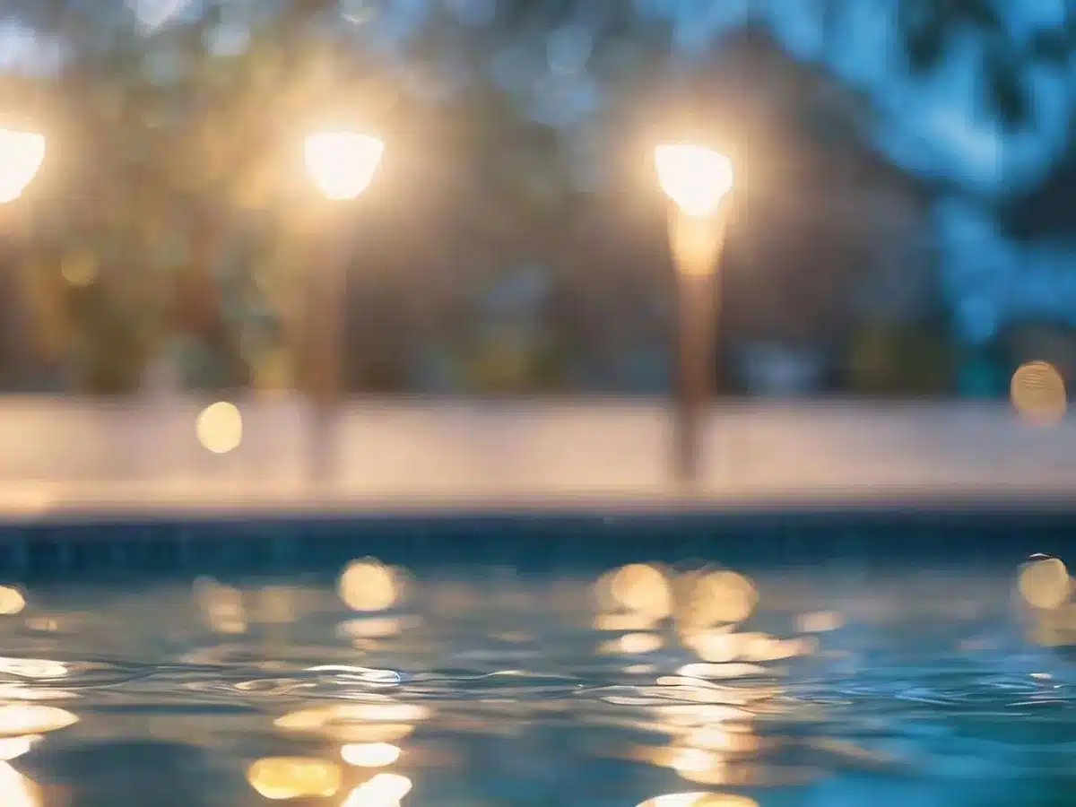 Éclairage d'ambiance au bord d'une piscine coque en soirée
